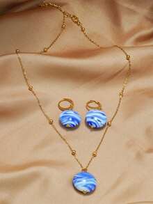 1 套春夏几何圆形蓝色吊坠耳环和项链首饰套装，适合日常佩戴、母亲节、情人节、生日、节日礼物 - 藍色 - 查看 3