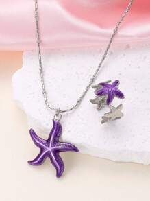 2pcs Bohemian Dopamine Y2k Stainless Steel Blue Starfish Ladies Necklace Ring Set For Men And Women Daily Wear Holiday Dating Gift Jewelry Summer Beach Vacation Men And Women Jewelry Set