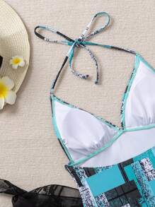 European & American Fashion Sexy Geometric Print Halter One-Piece Swimsuit With Matching Cover-Up Skirt