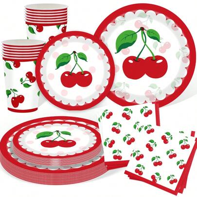 Cherry Fruit Party Supplies Tableware Set Summer Tropical Picnics Dinnerware Set Disposable Paper Plates Napkins For Birthday Party Decoration