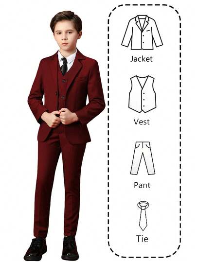 男童四件套西装，幼儿燕尾服正装，花童礼服，婚礼西装外套，马甲，裤子，领带，正式西装，酒红色，尺码 6-14 岁