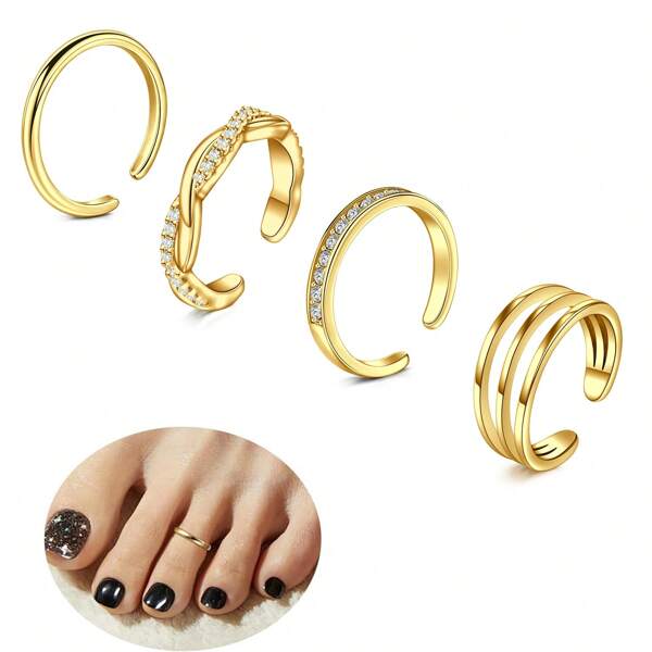 AVYRING 4 Stücke Zehenringe, weiß vergoldete Zehenringe für Frauen mit Zirkonia Triple Twist einfache offene Zehenringe, Strandschmuck für Füße, verstellbar