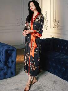 Chinese Style Retro New Classical Elegant Loose Mid-Length Cover Up Robe, Tie-Up Summer Sleepwear, Beach Cover-Up, Sunscreen Jacket, Kimono