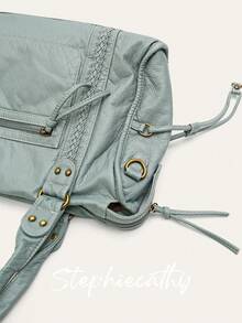 STEPHIECATHY 女士时尚休闲酷炫街头风格柔软刷洗 PU 素食皮革拉链开合拉链口袋编织装饰大容量适合 13 英寸笔记本电脑手提包可调节长肩带斜挎包日常大学通勤旅行多功能春夏 - 淺藍色 - 查看 3