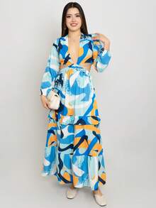 Vestido largo con cadena cruzada para mujer con estampado y olanes de moda - Azul - Ver 3