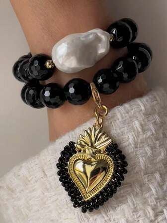 1 szt. Vintage Elegancka Czarna Kryształowa Barokowa Perłowa Bransoletka Koralikowa Dla Kobiet, Codzienny Akcesorium Szczęścia, Prezent Festiwalowy