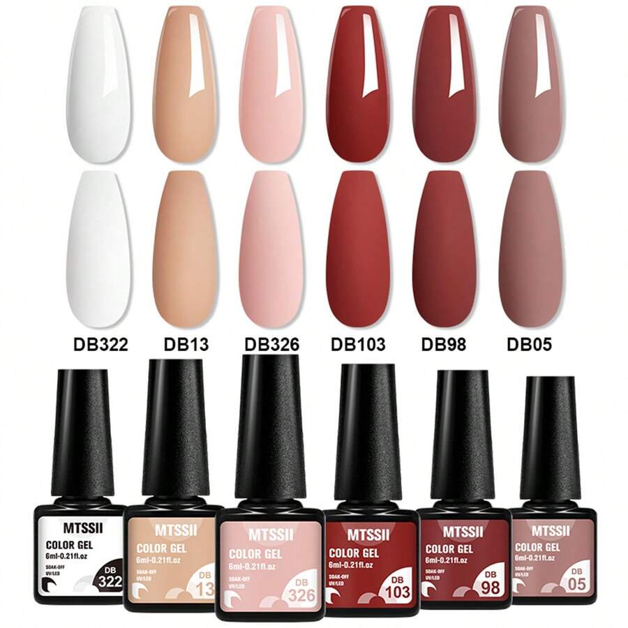 6PCS Nail Polish Gel Set, Nude Natural Pink Gel Nail Polish Kit Long Lasting Fast Curing, Popular Nail Color Red Nail Polish Gel, Brown Chocolate Skin Tone Gel Nail Polish Collection, Gel Nail Gifts For Women DIY Salon Home Nail Art Decoration - 彩色 - 查看 1
