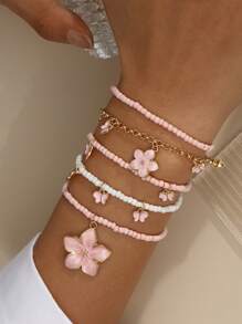 5pcs Set Cute Butterfly Floral Beaded Bracelets For Women, Everyday Wear