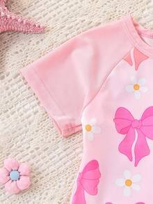 女童夏季沙滩泳衣，可爱蝴蝶结设计短袖荷叶边连体泳衣 - 粉色 - 查看 4