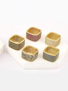 1pc Colorful Zirconia 18K Gold Plated Copper Square Ring, Luxury Jewelry Gift For Women, Friends, Lover, Party - Simple Wide Face Ring - View 2