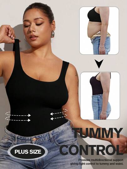 1pc Women Plus Size Black Seamless Tank Top, Waist Slimming & Body Shaping, Summer Going Out Tops