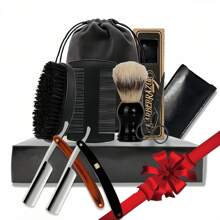 Men's Straight Razor Shaving Kit, XG High Carbon Steel Blades, Natural Wooden Handle, Shaving Brush, Comb, Scissors, With Storage Pouch, Gift For Valentine's Day, Christmas, Father's Day