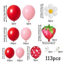 113pcs Sweet Strawberry Balloon Garland Set - Red And Pink With White Daisies And Strawberry Shaped Foil Balloons, Suitable For Birthday, Mother's Day Decor, Wedding, Anniversary, Graduation - Indoor/Outdoor Party Decorations