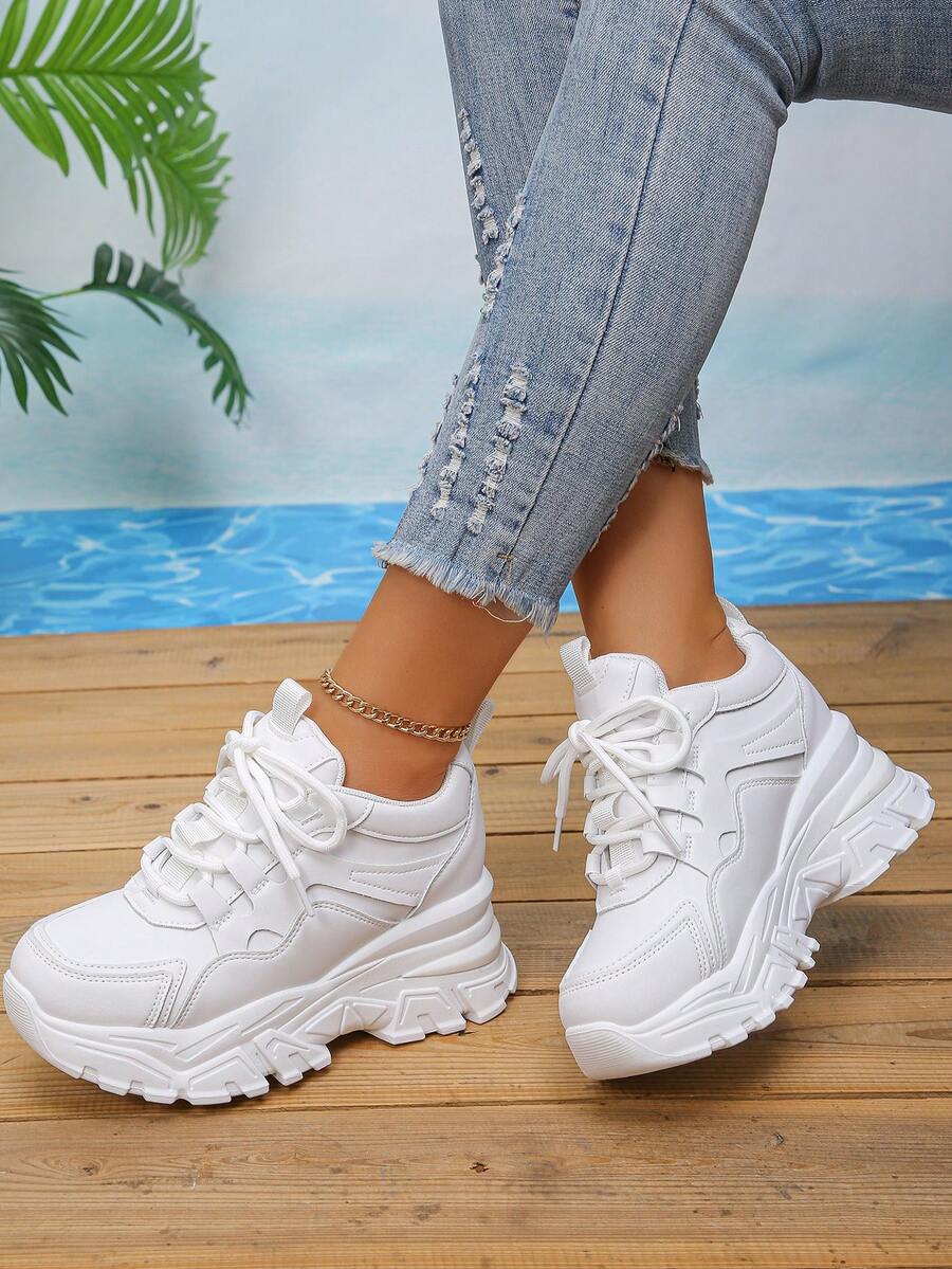 New Versatile Casual Women Shoes,Fashion Lace-Up Black Ladies Platform Thick Soled Sneakers - White - View 1