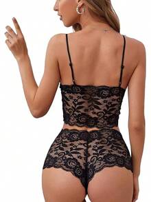 Floral Lace Lingerie Set High Waist Sleepwear Bra And Panty 2 Piece Nightwear 2025 Back-To-School Season Fall Pjs - Bowless Black - 查看 2