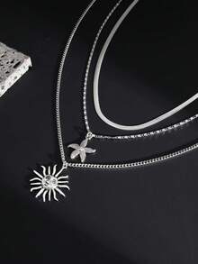 3pcs/Set Retro Exaggerated Face & Sun Pendant Necklace Set, Stylish Unisex - Silver - View 3