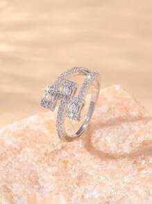 1 pieza Anillo de aleación de cobre con múltiples cuadrados y piedras de circonita incrustadas, para uso diario y fiestas de mujeres