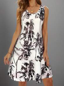 Vestido casual sin mangas con estampado de palmera para mujeres, para vacaciones de primavera/verano. Vestido de tirantes casual de cuello redondo, outfits de verano relajados para mujeres, outfits bohemios de playa para mujer.