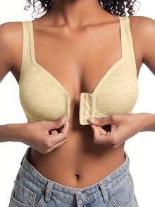 Solid Color Elegant Front Closure Women's Bra, Breathable Wireless Bra, Ladies Lingerie