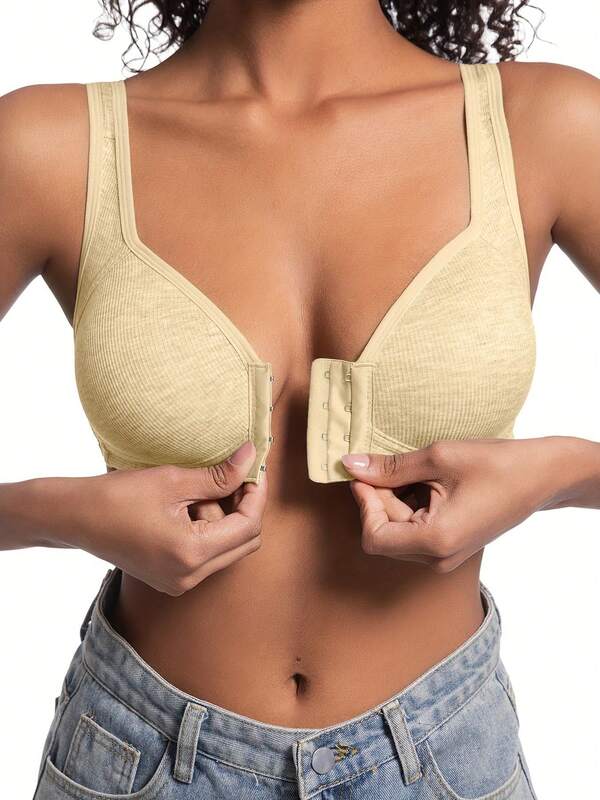 Solid Color Elegant Front Closure Women's Bra, Breathable Wireless Bra, Ladies Lingerie