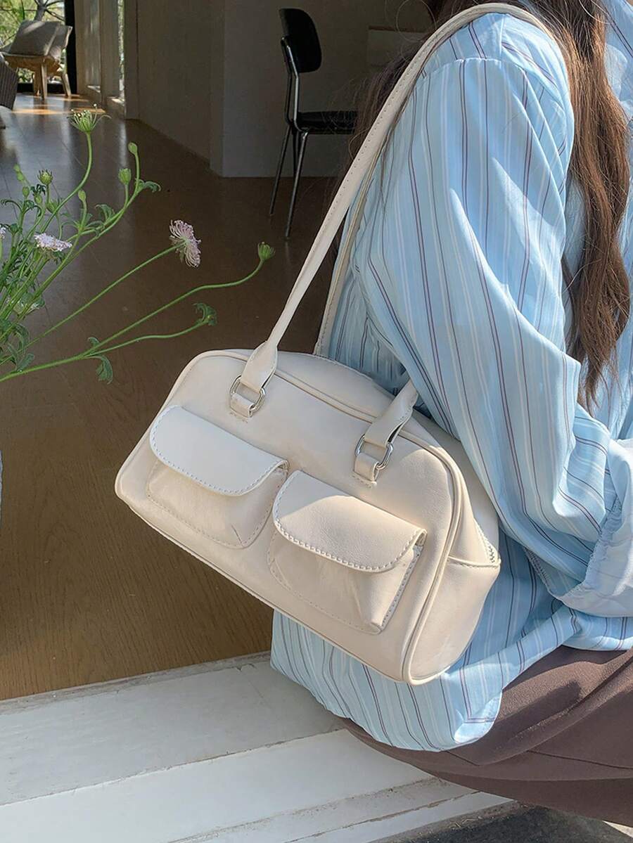 腋下包，独特设计，女士复古大容量单肩包，高端通勤手提包，秋季新品 - 白色 - 查看 1