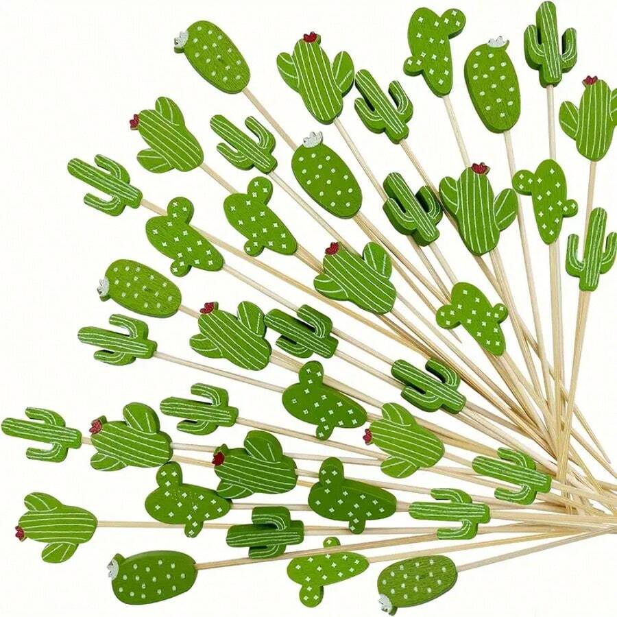10/50/100/200/500pcs Bamboo Cactus Toothpicks - Hawaiian Style Party Decorations, Premium Cocktail Picks, Suitable For Snacks, Meat Platters And Holiday Celebrations (Eid, Halloween, Christmas, Thanksgiving), Cactus Decor - Multicolor - View 1