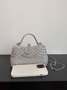 1 geantă nouă de seară cu stras din cristal, clutch cu sclipici cu ciucuri, accesoriu rochie de mireasă de mireasă, geantă de mână cu curea de lanț metalic, cadou pentru femei
