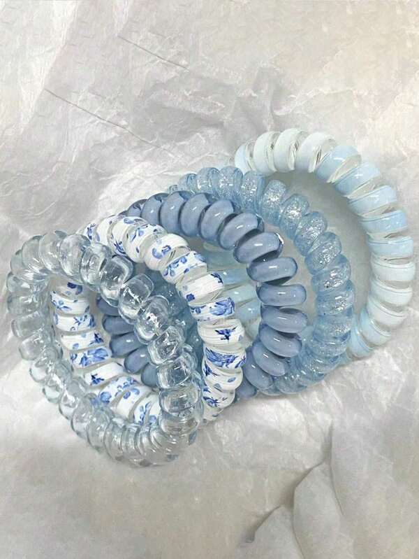 Set de 5 pinzas para el cabello de cordón de teléfono transparente azul, accesorios para el cabello sencillos y dulces para coleta o moño, de alta elasticidad y sin daños, adecuados para uso diario y actividades al aire libre