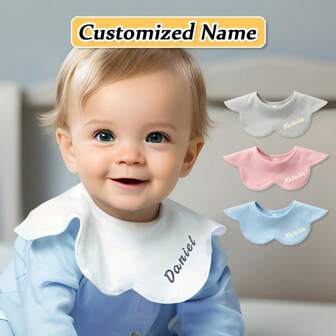 1pc Customized Embroidered Name Baby Bib, 360-Degree Rotatable, Solid Color Cotton Baby Drool Bib, Soft & Breathable, Absorbent, Personalized Newborn Gift, Birth Gift, Christmas, Halloween, New Year Present