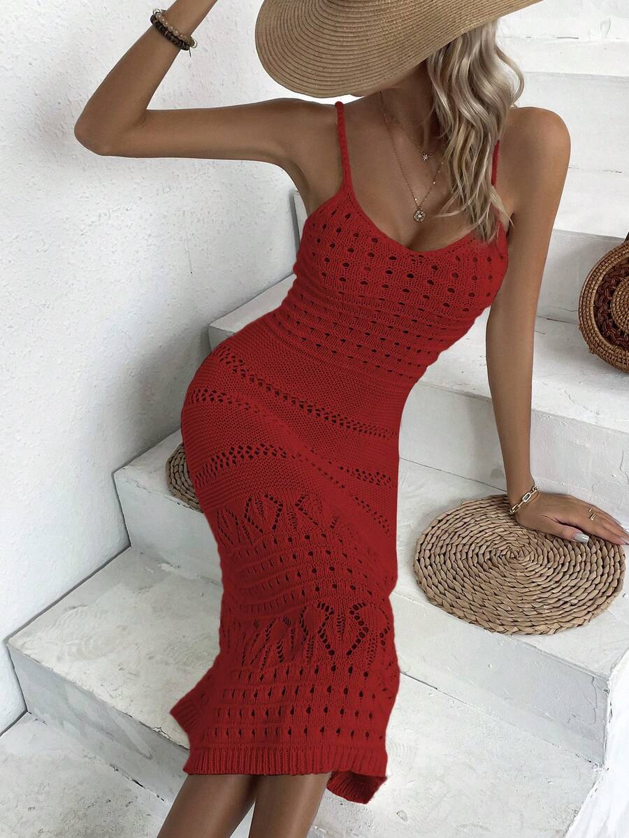 Elegant Women's Fashion Knit Maxi Dress, Suitable For Spring And Summer Wear, Full White Backless Beach Long Dress, Sexy Casual Resort Style, Low-Key Retro Luxurious Vibe, Suitable For Back To School Season, Autumn And Winter Parties, As Well As Christmas, Thanksgiving And New Year Occasions. - Red - View 1