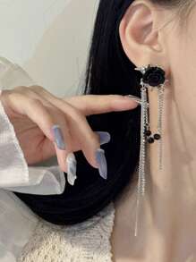 1 Pair Retro Black Rose Long Tassel Elegant & Chic Earrings, Luxury Niche High-End Design For Women
