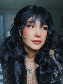 Long Curly Wig With Bangs Black Kinky Curly Layered Fluffy Shag Wig Synthetic Hair Wigs For Women 24inch Party Cosplay Wig Long Curly Messy Hair Wigs With Bangs - 黑色 - 查看 3