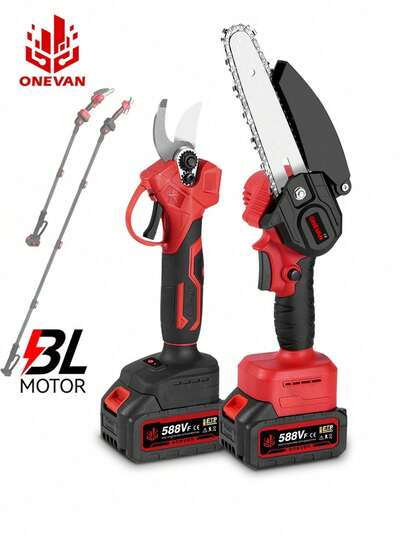 ONEVAN Set di sega telescopica senza spazzole e cesoie da potatura, motosega elettrica 3 in 1 forbici per sega elettrica a batteria cesoie set di strumenti per potatura da giardino