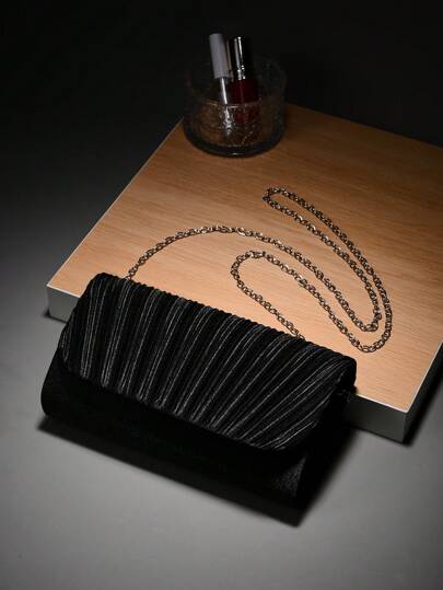 1pc Black Satin Evening Clutch Bag, Fashion Japanese/Korean Style Women's Metal Trimmed Elegant Party Clutch Purse With Magnetic Closure, Shoulder Bag