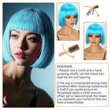 Blue Wig, Short Bob Wig With Bangs, Basic Style, Suitable For Cosplay Wear