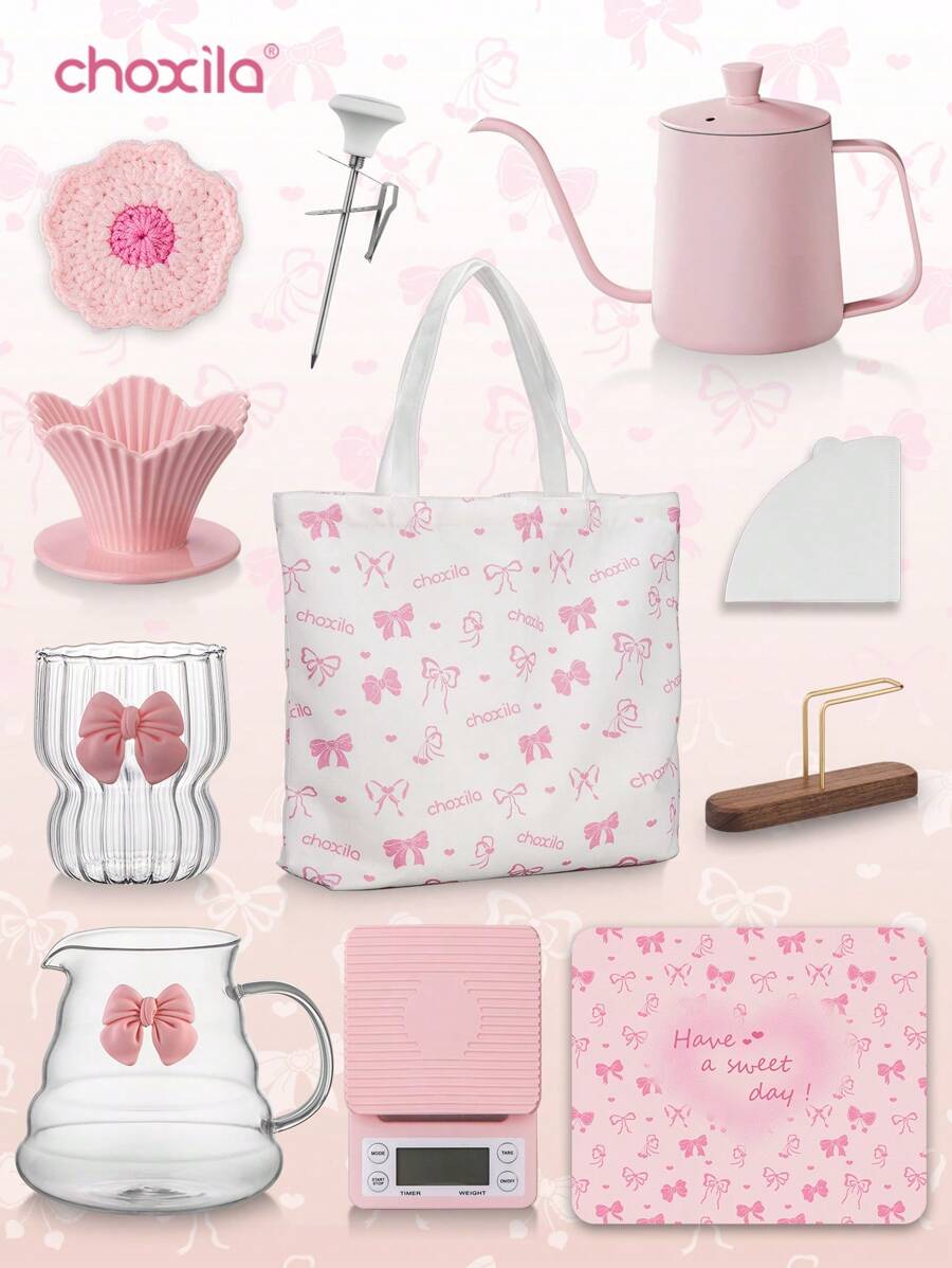 choxila Coffee Set, Pink Coffee Set With Bow Pattern Bag, Pour Over Coffee Set, Drip Coffee Accessories, Travel Camping Festival Coffee Gifts