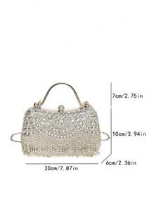1 geantă nouă de seară cu stras din cristal, clutch cu sclipici cu ciucuri, accesoriu rochie de mireasă de mireasă, geantă de mână cu curea de lanț metalic, cadou pentru femei