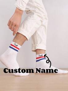 1Pair Medium-Length Couple Socks Korean Chinese Socks Korean Style Academic Style Versatile Two-Bar Black And White Autumn And Winter Socks Personalized Text Photo Customization