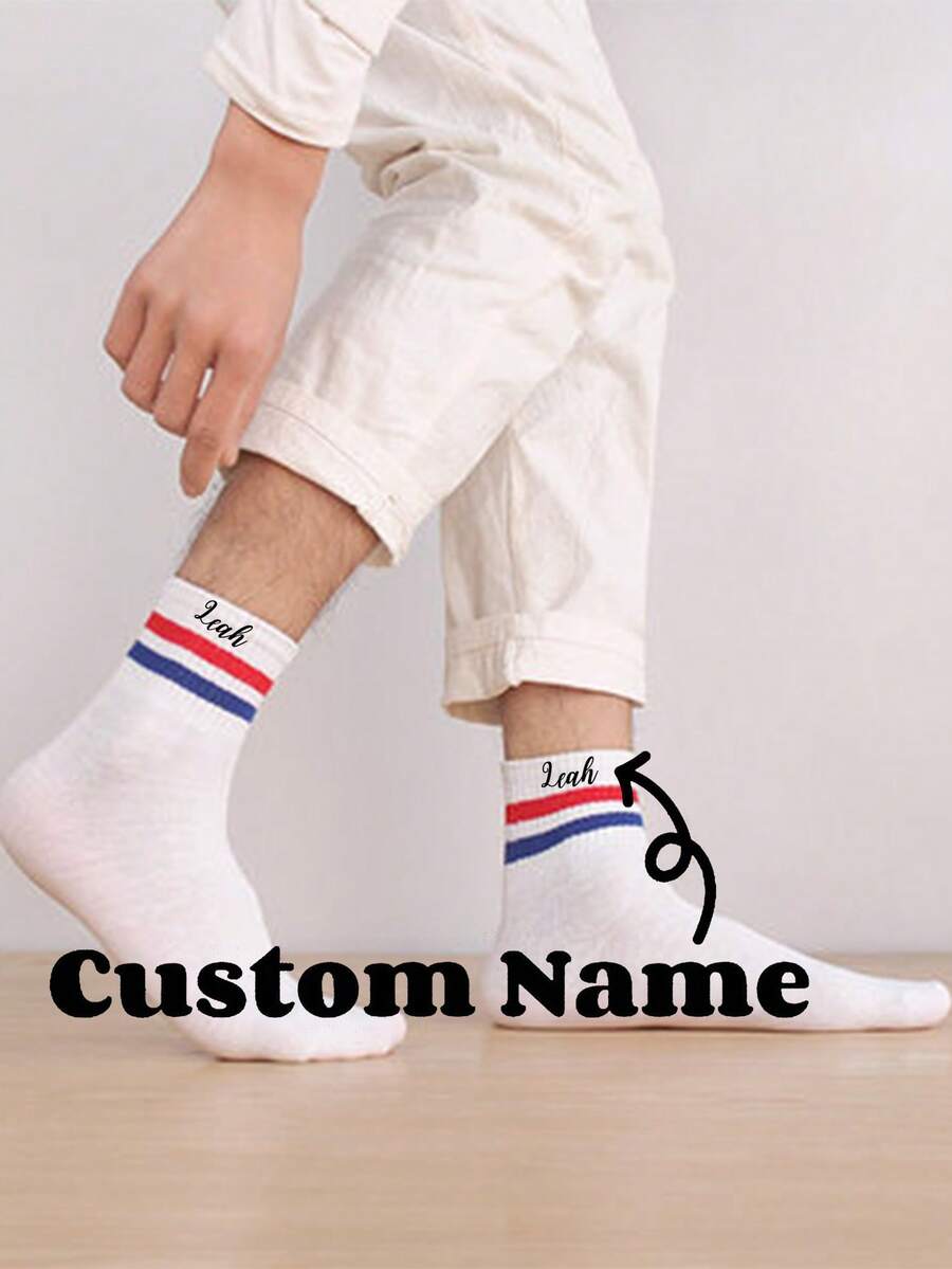 1Pair Medium-Length Couple Socks Korean Chinese Socks Korean Style Academic Style Versatile Two-Bar Black And White Autumn And Winter Socks Personalized Text Photo Customization