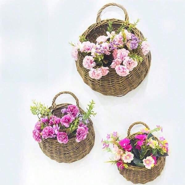 1pc Cesta de suspensão montada na parede Vaso de flores, Cesta de suspensão de parede de vime, Vaso de flores trançado Cesta de flores montada na parede, Arranjo de flores de vime. Usado para decoração de parede, decoração de parede de corredor, decoração de primavera e verão
