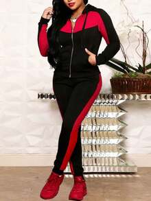 Conjuntos de 2 piezas para mujer: chándal para correr, chaqueta con cremallera de manga larga y pantalón largo - Negro - Ver 2