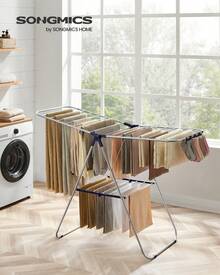 SONGMICS Clothes Airer, With Sock Pegs, Metal Laundry Rack, Foldable, Adjustable Wings, Silver And Blue - White - View 4