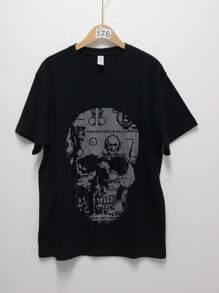 Men Rhinestone Skull Print Short Sleeve Round Neck T-Shirt