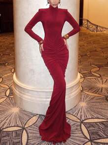 Women's High Neck Long Sleeve Padded Shoulder Ruched Fishtail Dress, Evening Gown