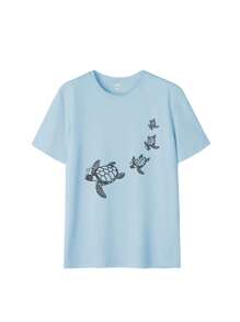1 Peça Camiseta de Manga Curta com Gola Redonda e Estampa Gráfica Casual para Meninas, Vestuário para Estudantes e Geração Mais Jovem - Camiseta com Desenho de Tartaruga de Natação Artística Que Inspira a Imaginação e a Auto-Expressão