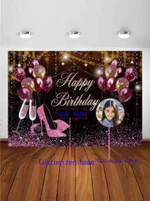 1pc Customized Birthday Backdrops Ladies Birthday Champagne Heeled Balloon Theme Customized Name Girlfriend, Wife, Mother, Sister Best Friend Birthday Decoration Background, Holiday Birthday Party Backdrop For Party Birthday Celebration Anniversary Decoration Indoor Outdoor Universal Durable,SummerHoliday