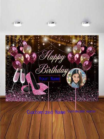 1pc Customized Birthday Backdrops Ladies Birthday Champagne Heeled Balloon Theme Customized Name Girlfriend, Wife, Mother, Sister Best Friend Birthday Decoration Background, Holiday Birthday Party Backdrop For Party Birthday Celebration Anniversary Decoration Indoor Outdoor Universal Durable,SummerHoliday