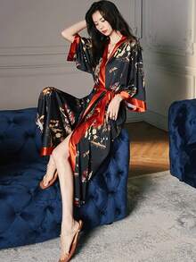 Chinese Style Retro New Classical Elegant Loose Mid-Length Cover Up Robe, Tie-Up Summer Sleepwear, Beach Cover-Up, Sunscreen Jacket, Kimono