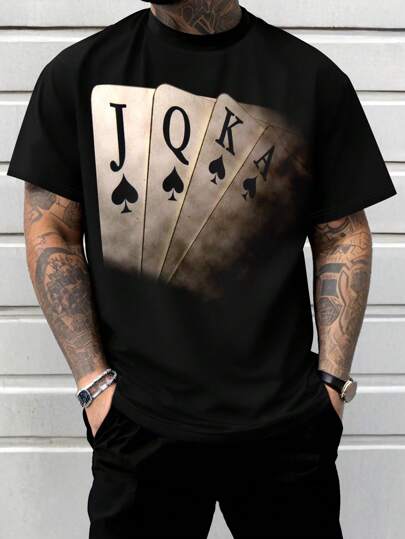 Men's Plus Size Poker Pattern Crew Neck Casual T-Shirt