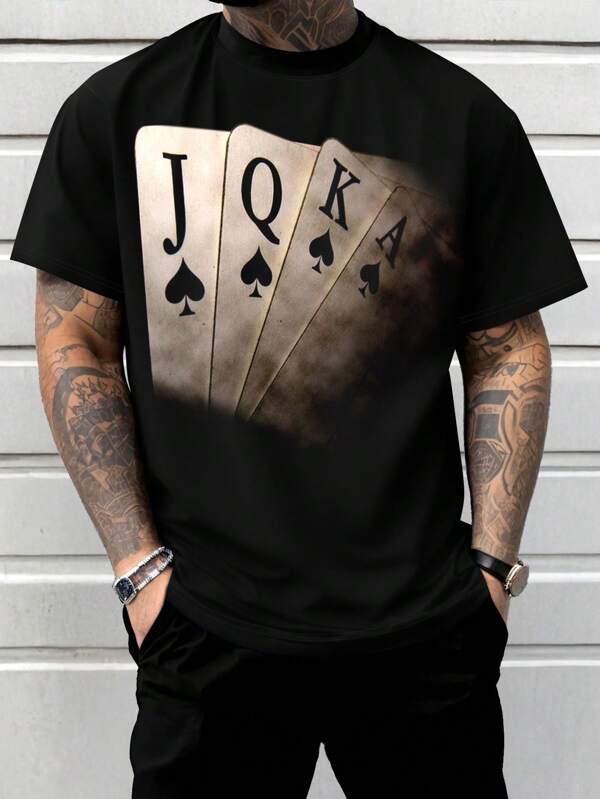 Lässiges T-Shirt mit Rundhalsausschnitt und Poker-Muster für Herren Große Größen
